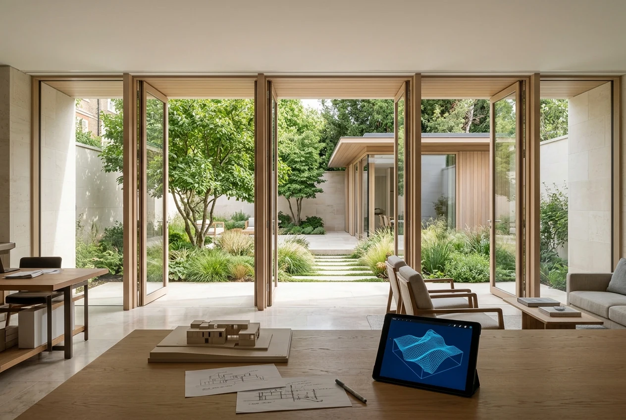 Design Foundations with AI: Architecture, Interiors and Landscape: architectural studio opening onto a landscaped courtyard